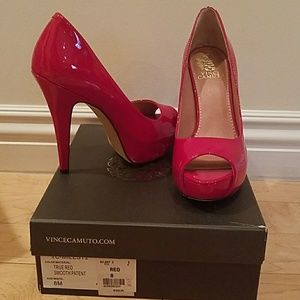 Vince Camuto red patent leather peekaboo heels